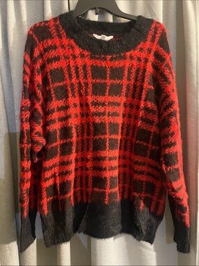 Time and Tru Red and Black Plaid Fuzzy Crewneck Sweater